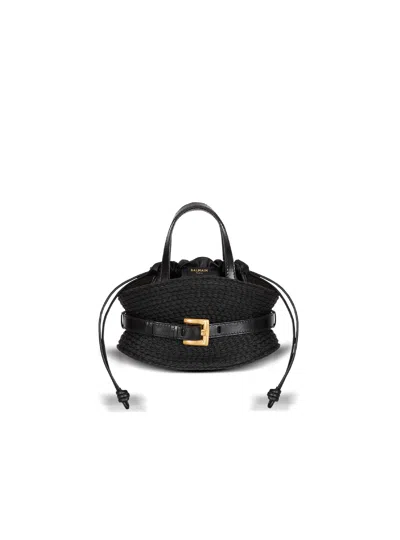 Balmain Shuffle Mini Bag In Calfskin And Raffia In Black