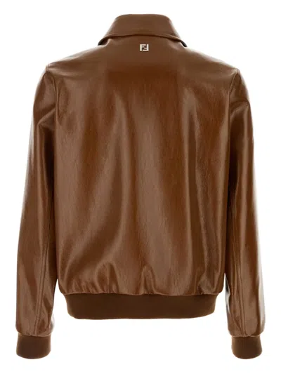Fendi Leather Jacket Collared Design Front Pockets In Brown
