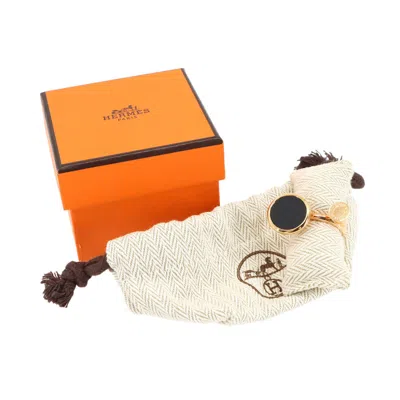 Pre-owned Hermes Gold Noir Swift Leather Band Ring ()