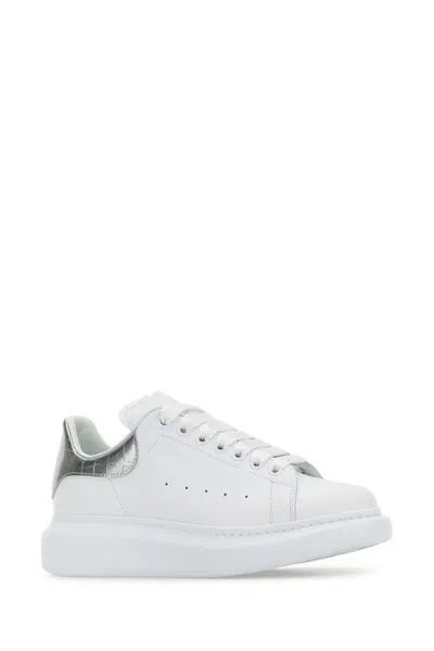 Alexander Mcqueen Women White Leather Sneakers With Silver Leather Heel In White