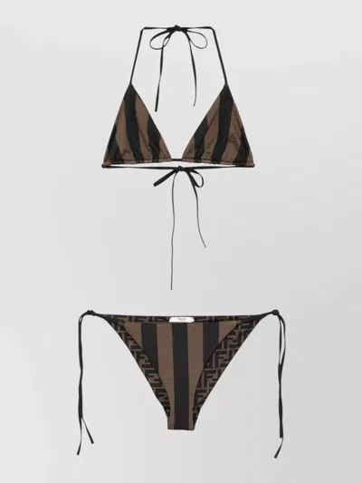Fendi Triangle Bikini Striped Pattern Beachwear Set In Brown