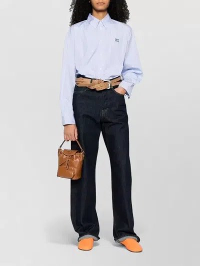 Miu Miu Cropped Cotton Shirt Long Sleeves Stripes In Blue