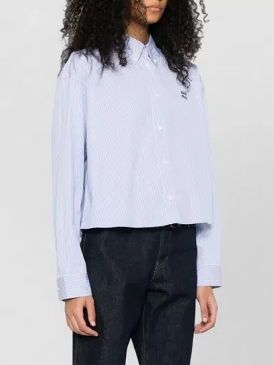 Miu Miu Cropped Cotton Shirt Long Sleeves Stripes In Blue
