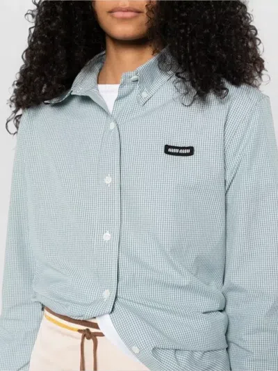 Miu Miu Check Poplin Shirt Long Sleeves Cuffs In Blue