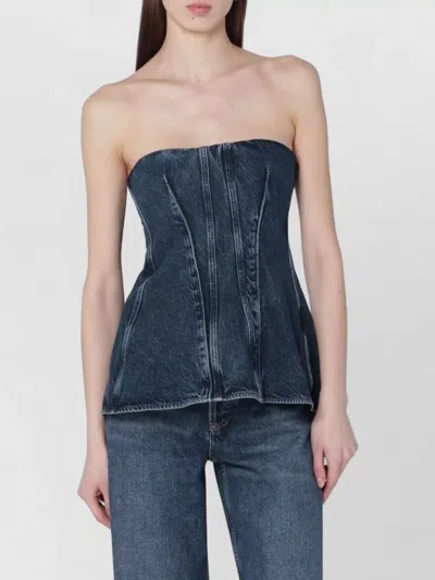 Agolde Lara Strapless Corset Peplum Denim Top In Blue