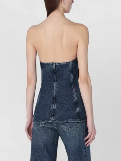 Agolde Lara Strapless Corset Peplum Denim Top In Blue