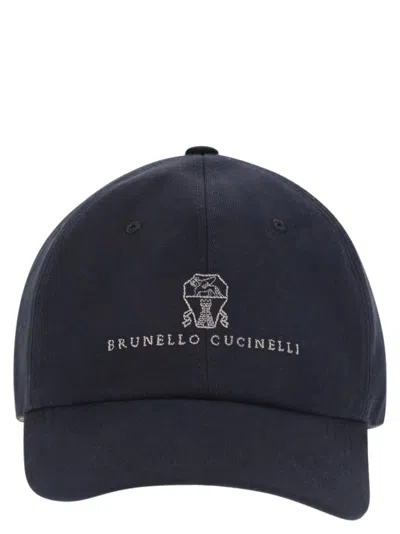 Brunello Cucinelli Men Baseball Cap In Garment-dyed Twisted Cotton Gabardine With Embroidered Logo In Blue