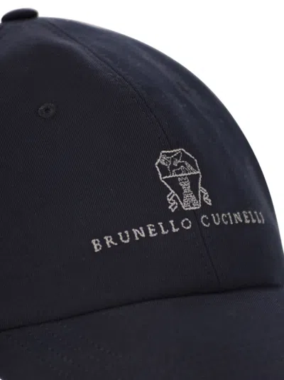 Brunello Cucinelli Men Baseball Cap In Garment-dyed Twisted Cotton Gabardine With Embroidered Logo In Blue
