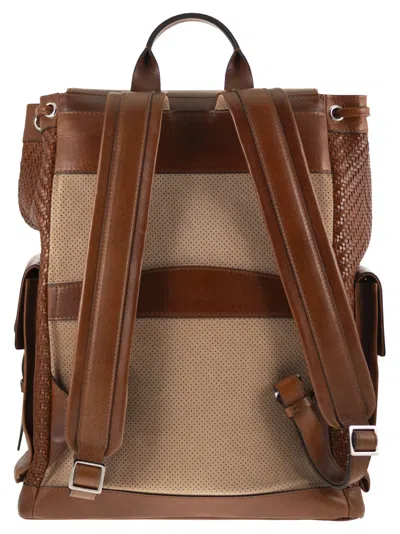 Brunello Cucinelli Men City Backpack In Woven Calfskin And Cowhide Leather In Brown