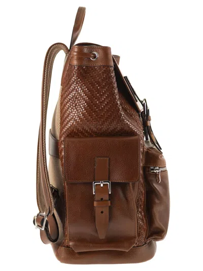 Brunello Cucinelli Men City Backpack In Woven Calfskin And Cowhide Leather In Brown