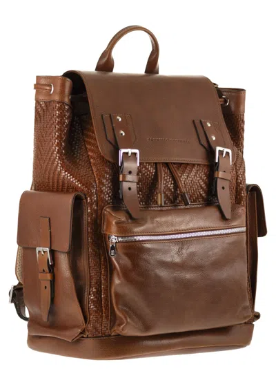 Brunello Cucinelli Men City Backpack In Woven Calfskin And Cowhide Leather In Brown