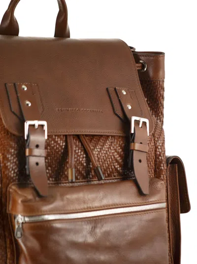 Brunello Cucinelli Men City Backpack In Woven Calfskin And Cowhide Leather In Brown