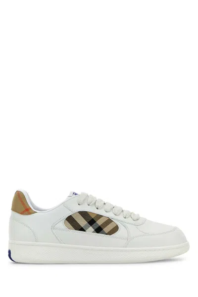 Burberry Terrace Sneakers In Leather And Beige Check Men In White