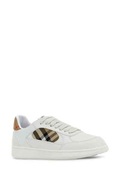 Burberry Terrace Sneakers In Leather And Beige Check Men In White