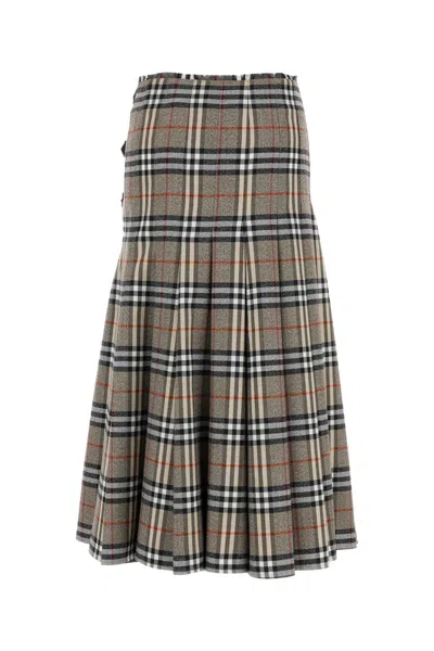 Burberry Women Beige Midi Skirt With Side Buckle Closure And All-over Check Motif In Wool Woman In Multi