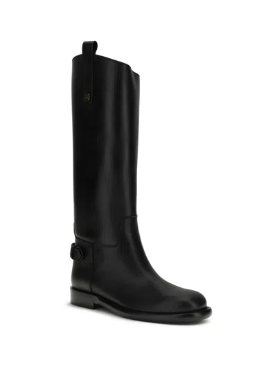 Burberry Leather Cavalier Boots With Buckle Detail In Black