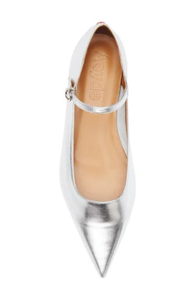 Aeyde Cleo Pointed Toe Mary Jane Flat In Silver