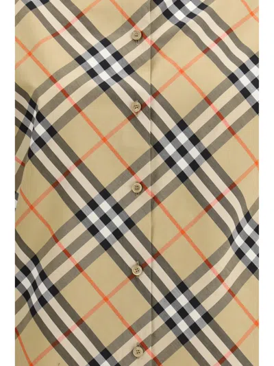 Burberry Women Beige Shirt With Classic Collar And All-over Check Motif In Cotton Woman In Brown