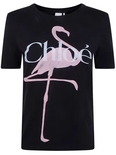 Chloé Women Black Crewneck T-shirt With Maxi Logo Print On The Front In Cotton Woman