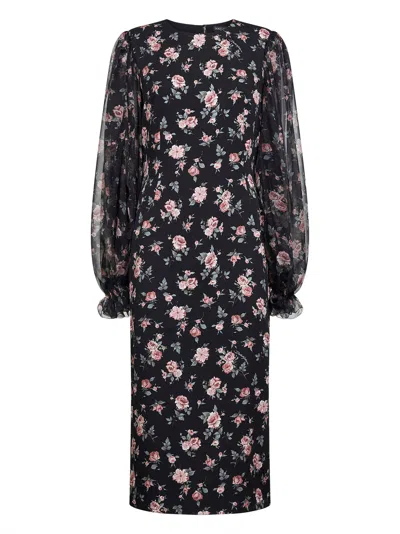 Dolce & Gabbana Women Black Dress With Round Neckline And All-over Floral Motif In Silk Blend Woman