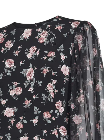 Dolce & Gabbana Women Black Dress With Round Neckline And All-over Floral Motif In Silk Blend Woman