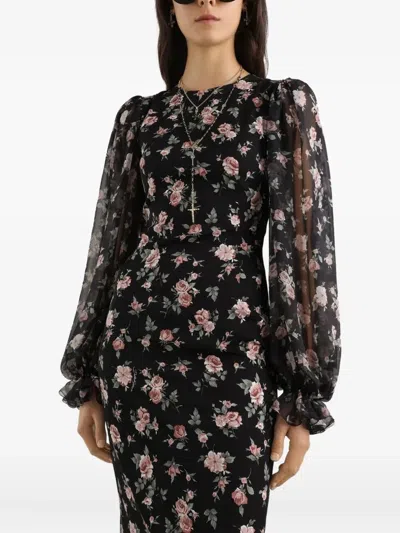 Dolce & Gabbana Women Black Dress With Round Neckline And All-over Floral Motif In Silk Blend Woman