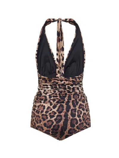 Dolce & Gabbana Women Leopard Printed Sensitive Fabric One-piece Swimsuit In Brown