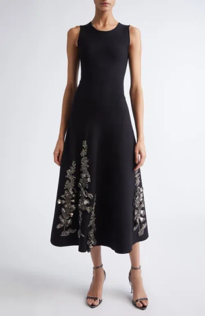 Oscar De La Renta Embroidered Foxglove Sleeveless Midi Dress In Black