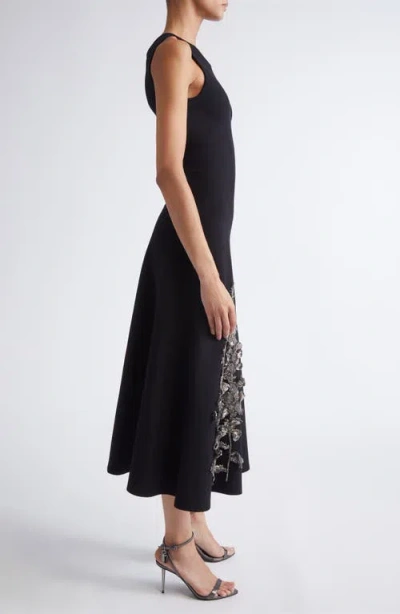 Oscar De La Renta Embroidered Foxglove Sleeveless Midi Dress In Black