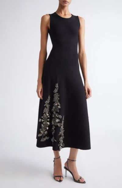 Oscar De La Renta Embroidered Foxglove Sleeveless Midi Dress In Black