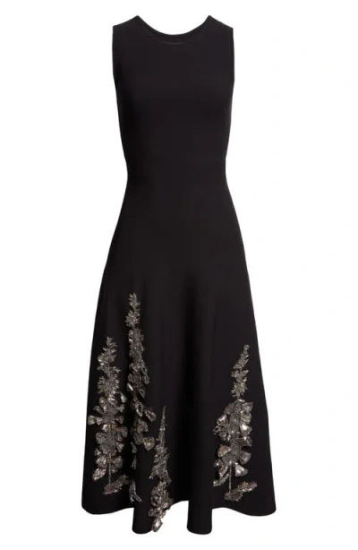 Oscar De La Renta Embroidered Foxglove Sleeveless Midi Dress In Black