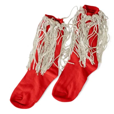 High Heel Jungle By Kathryn Eisman Women's Bowie Cotton Socks With Glitter Fringe Red In Red