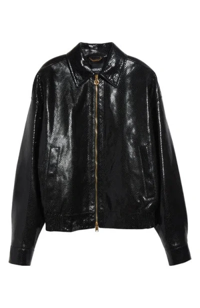 Versace Python Embossed Leather Jacket In Black