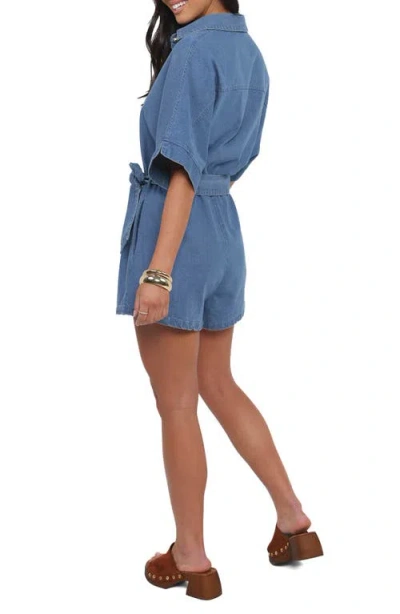Petal And Pup Petal & Pup Hailey Belted Cotton Denim Romper In Blue