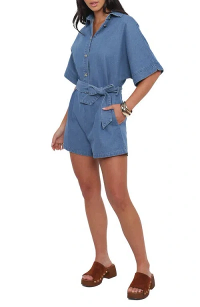 Petal And Pup Petal & Pup Hailey Belted Cotton Denim Romper In Blue