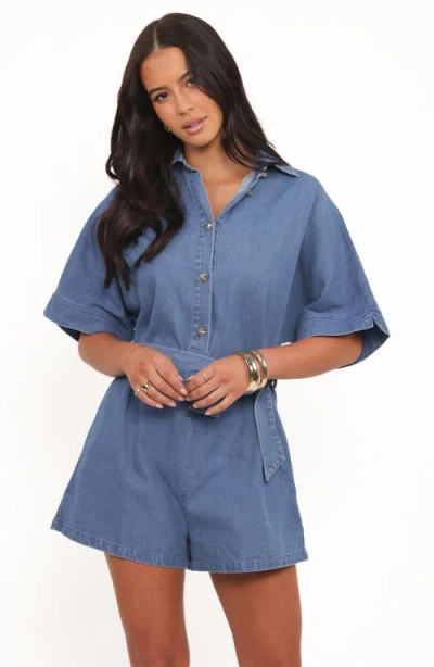 Petal And Pup Petal & Pup Hailey Belted Cotton Denim Romper In Blue