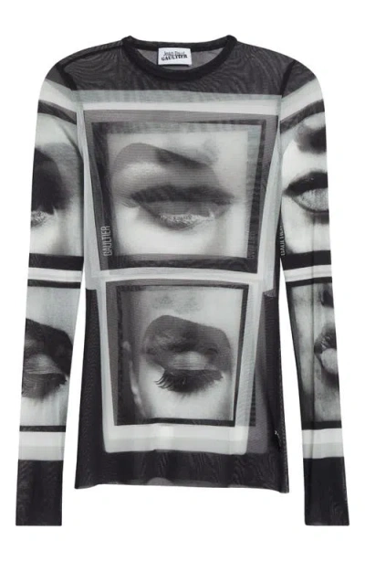 Jean Paul Gaultier Re-edition Eyes & Lips Long Sleeve Mesh Top In Black