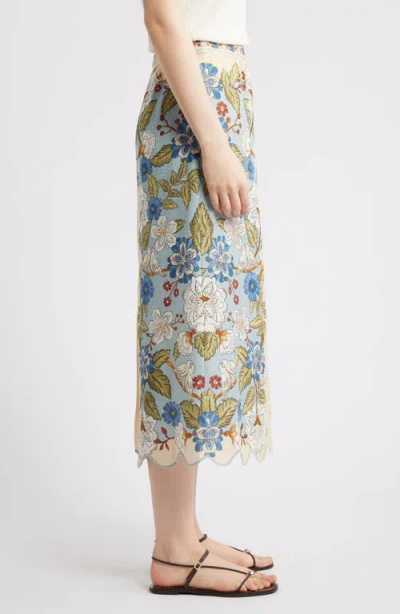 Farm Rio Garden Scarf Print Linen Midi Skirt In Green