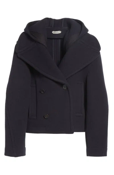 Jw Anderson Crop Double Face Wool Peacoat With Removable Hood In Blue