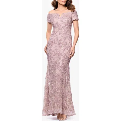 Xscape Evenings Soutache Lace Off The Shoulder Gown In Purple