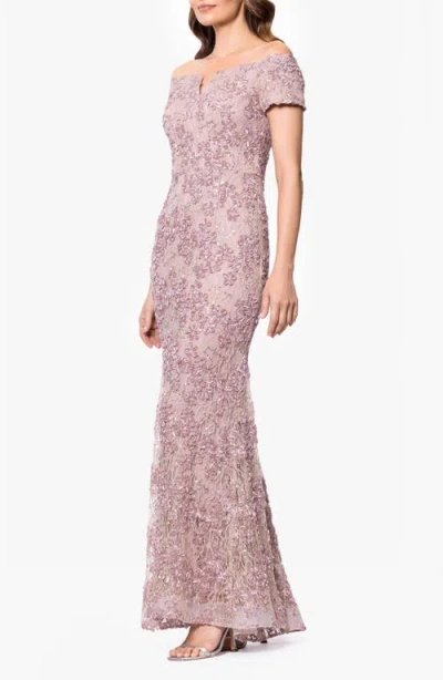 Xscape Evenings Soutache Lace Off The Shoulder Gown In Purple