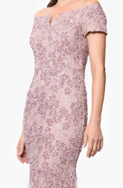 Xscape Evenings Soutache Lace Off The Shoulder Gown In Purple
