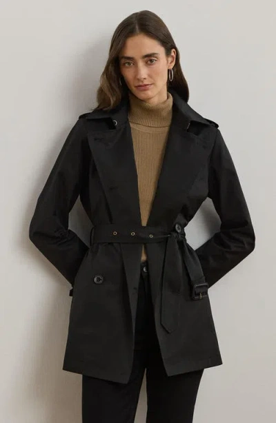 Ralph Lauren Lauren  Double Breasted Belted Cotton Blend Trench Coat In Black