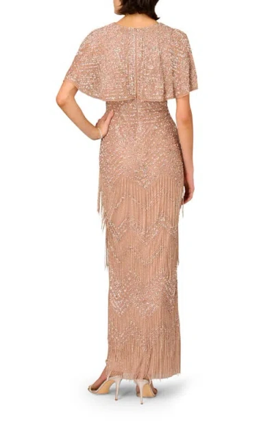 Aidan Mattox Beaded Fringe Flutter Sleeve Maxi Column Gown In Neutral