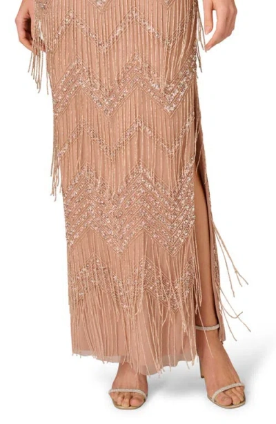 Aidan Mattox Beaded Fringe Flutter Sleeve Maxi Column Gown In Neutral