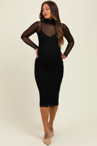 Pinkblush Mesh Overlay Fitted Midi Dress In Black