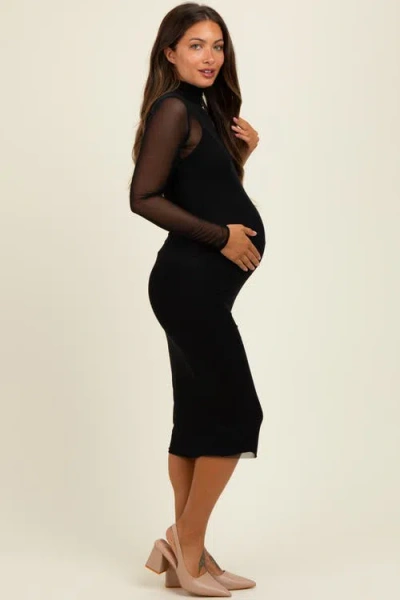 Pinkblush Mesh Overlay Fitted Midi Dress In Black