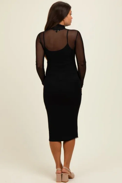 Pinkblush Mesh Overlay Fitted Midi Dress In Black