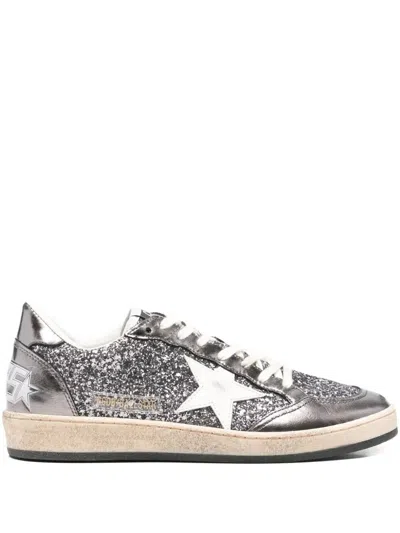 Golden Goose Ballstar Sneakers In Laminated Leather And Glitter In Gray