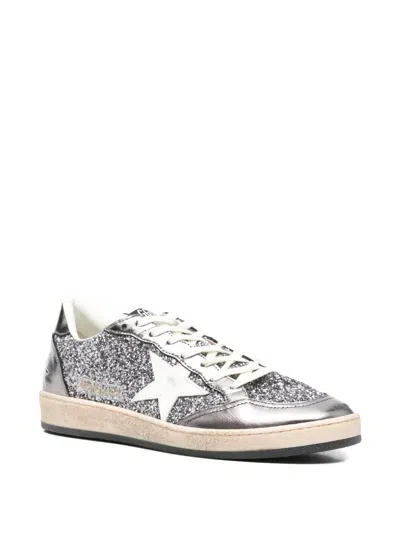 Golden Goose Ballstar Sneakers In Laminated Leather And Glitter In Gray